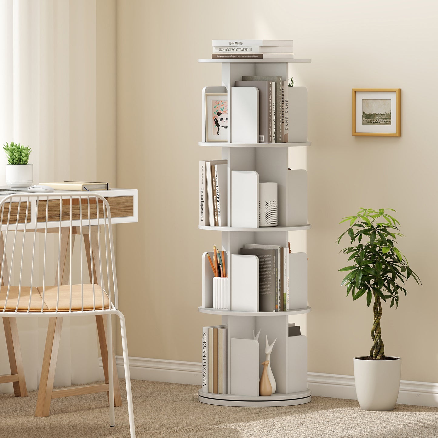 4-Tier Rotating Bookshelf 360¬∞ Display Rack with Dividers and Anti-falling Baffles-White