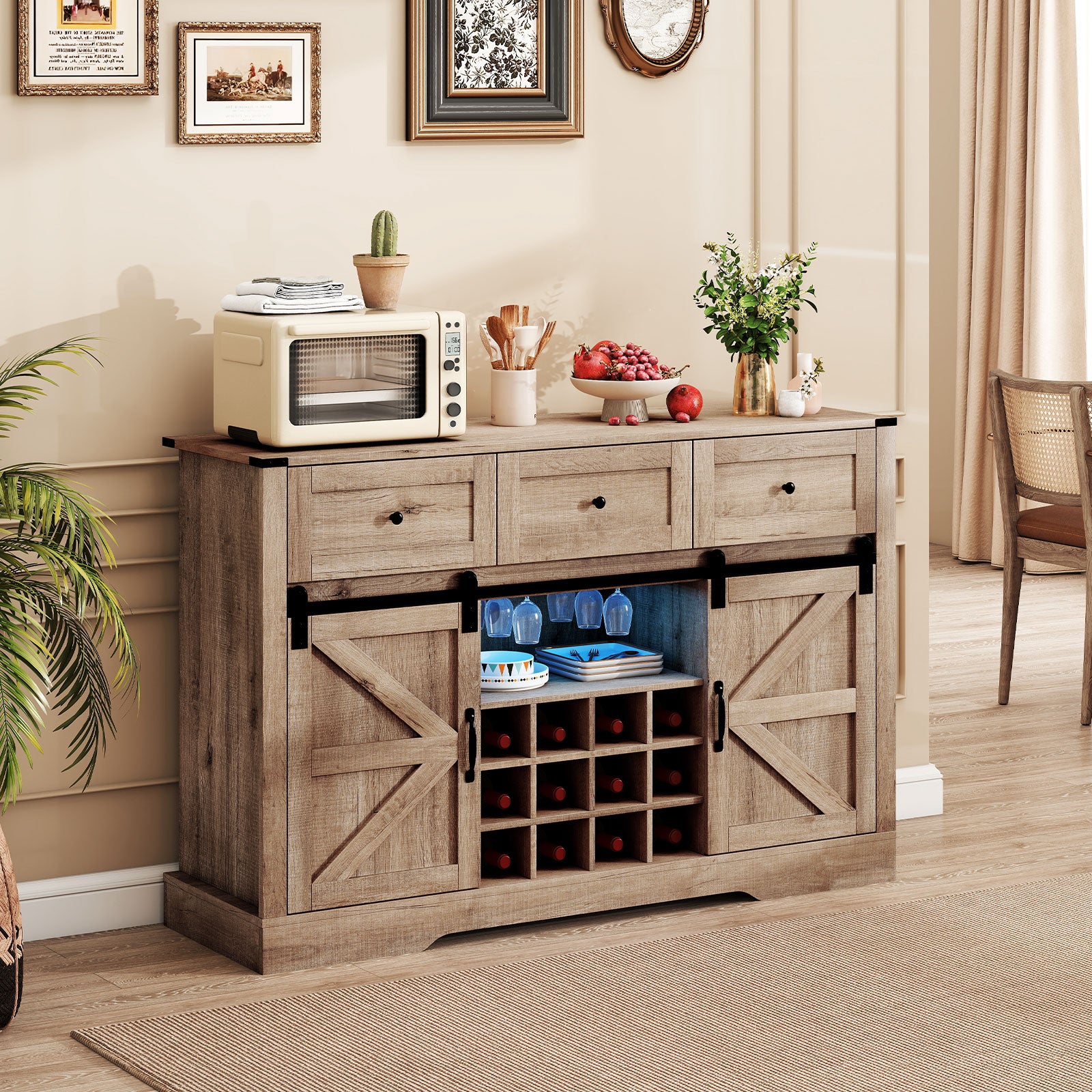 52 Inches Wine Bar Cabinet with LED Lights and Sliding Barn Doors-Light Gray