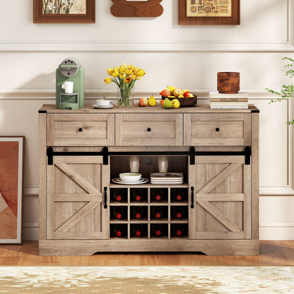 52 Inches Wine Bar Cabinet with LED Lights and Sliding Barn Doors-Light Gray