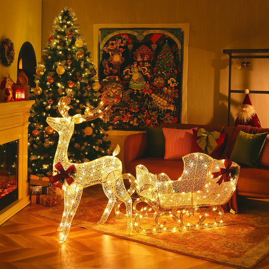 6 Feet Christmas Lighted Reindeer and Santa's Sleigh Decoration with 4 Stakes-Golden