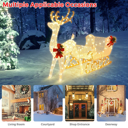 6 Feet Christmas Lighted Reindeer and Santa's Sleigh Decoration with 4 Stakes-Golden