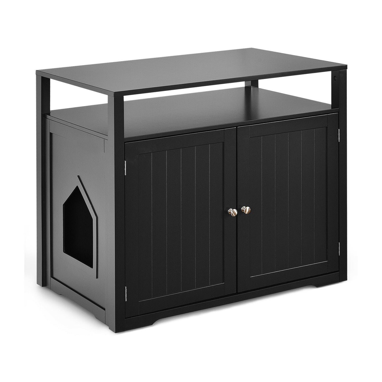 Wooden Cat Litter Box Enclosure Hidden Cat Washroom with Storage Layer-White - Black