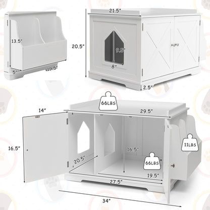 Large Wooden Cat Litter Box Enclosure with the Storage Rack-White