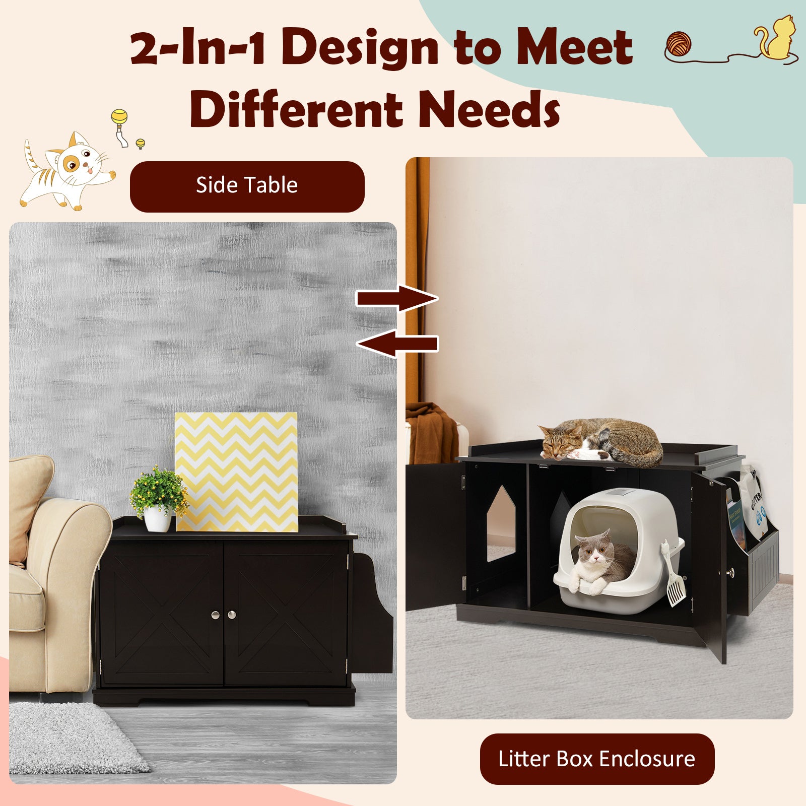 Large Wooden Cat Litter Box Enclosure with the Storage Rack-Coffee