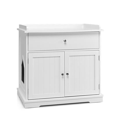 Wooden Cat Litter Box Enclosure with Drawer Side Table Furniture-White - White