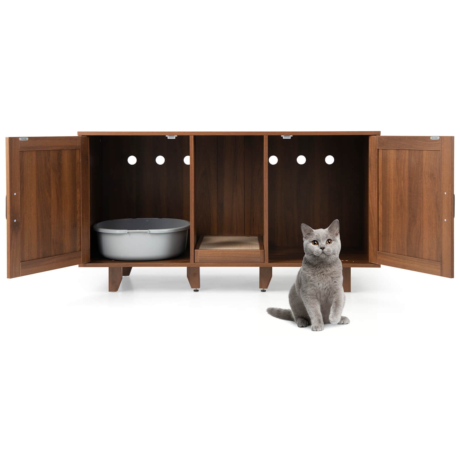 2-Door Cat Litter Box Enclosure with Winding Entry and Scratching Board-Brown - Brown