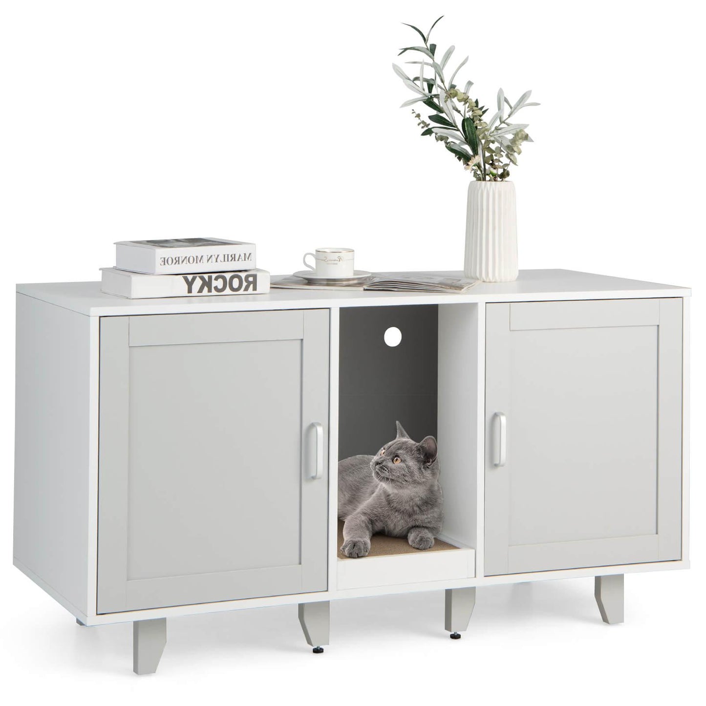 2-Door Cat Litter Box Enclosure with Winding Entry and Scratching Board-Brown - Gray