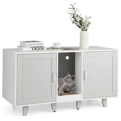 2-Door Cat Litter Box Enclosure with Winding Entry and Scratching Board-Brown - Gray