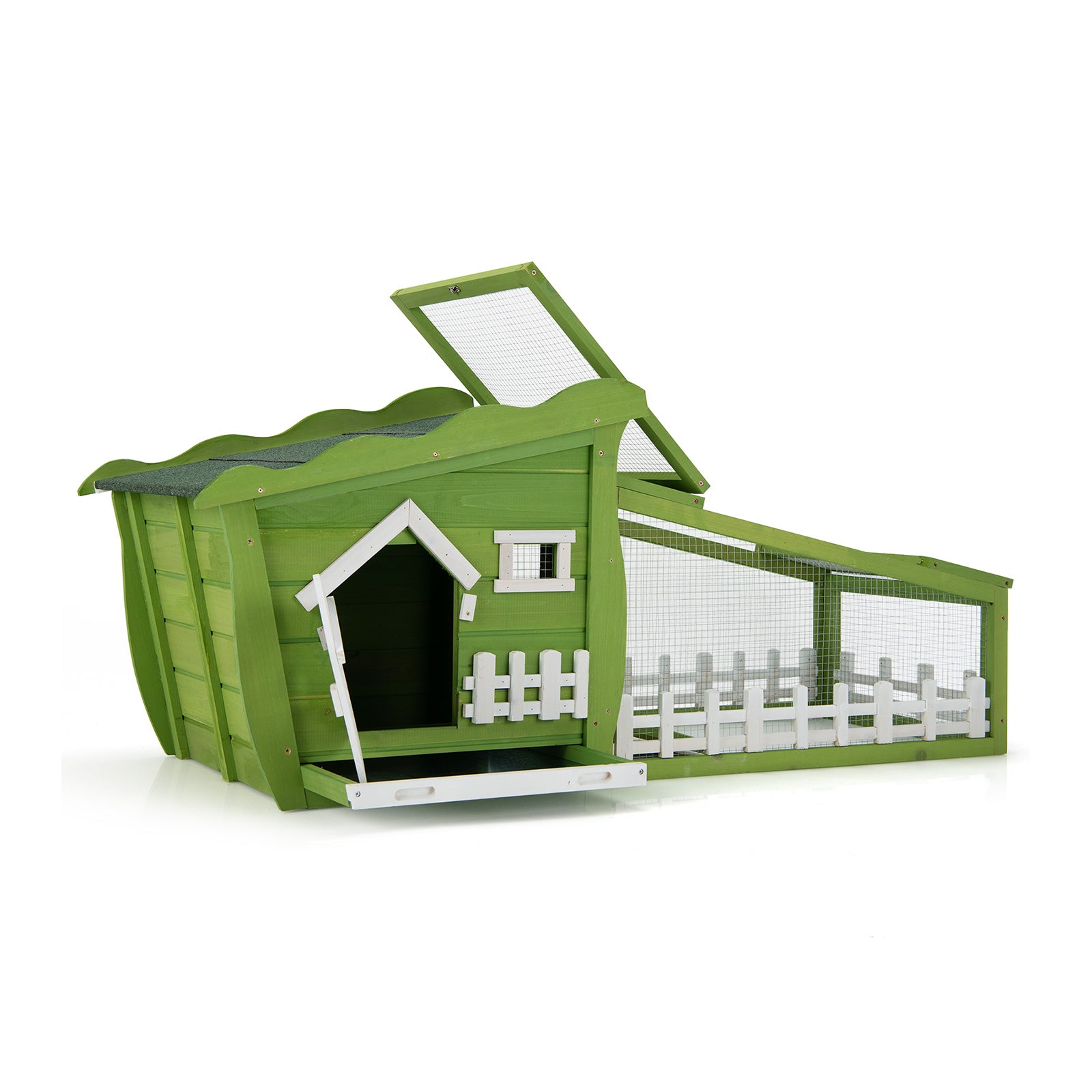62 Inch Wooden Rabbit Hutch with Pull Out Tray-Green - Green