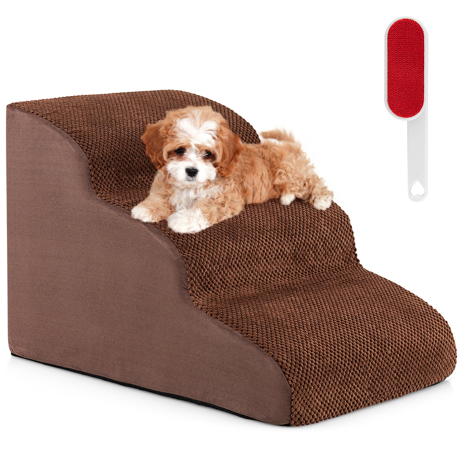 3-Tier Non-Slip Dog Steps with High-Density Sponge and Silicone Paw Prints-Brown - Brown
