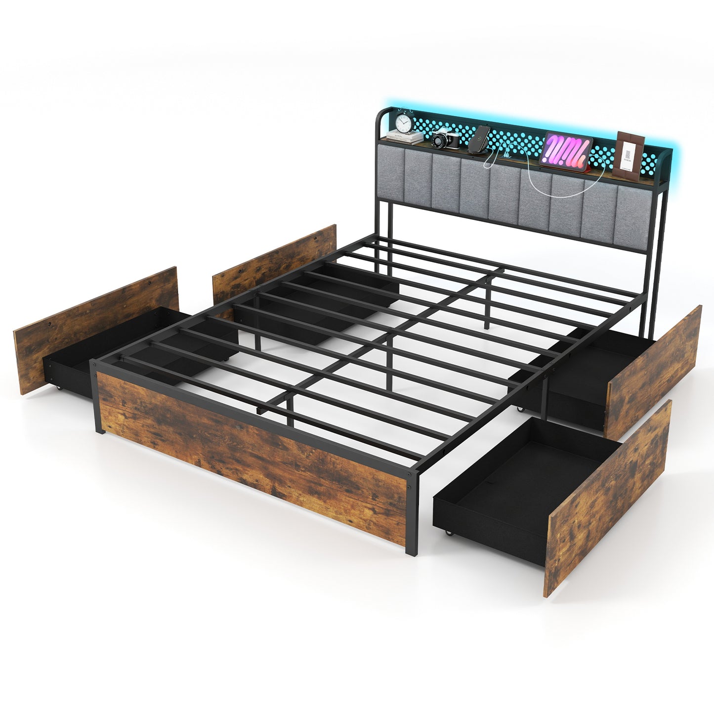 Twin/Full/Queen Bed Frame with LED Lights Upholstered Headboard and 4 Storage Drawers-Twin size - Queen Size