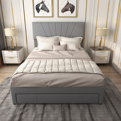 Full/Queen Size Upholstered Bed Frame with Drawer and Adjustable Headboard-Queen Size