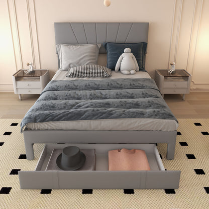 Full/Queen Size Upholstered Bed Frame with Drawer and Adjustable Headboard-Queen Size