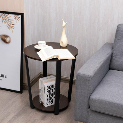 2-tier Round End Table with Storage Shelf & Metal Frame-Walnut