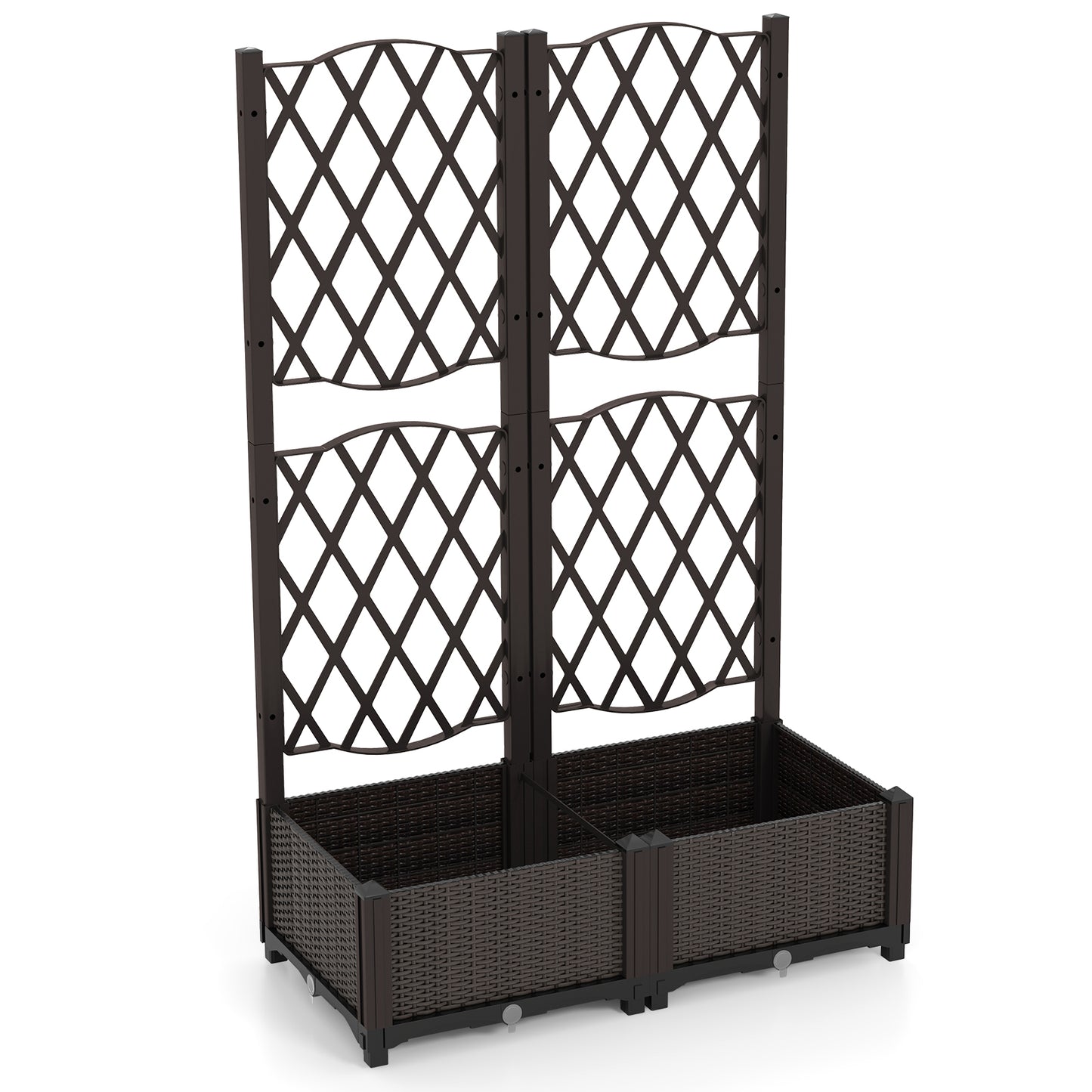 PE Rattan Raised Garden Bed with Trellis Planter Box for Climbing Plants-Brown
