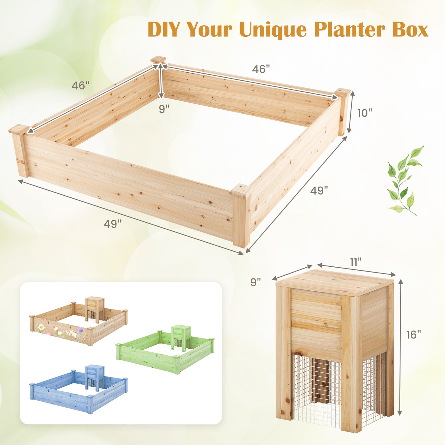 49 x 49 x 10 Inch Raised Garden Bed with Compost Bin and Open-ended Bottom-Natural
