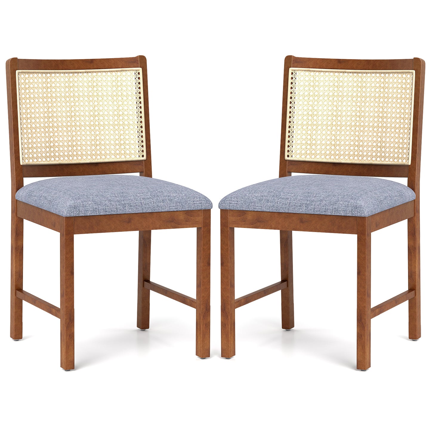 Rattan Dining Chair Set of 2 with Rubber Wood Frame and Linen Fabric Padded Seat-Walnut