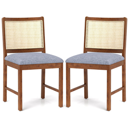 Rattan Dining Chair Set of 2 with Rubber Wood Frame and Linen Fabric Padded Seat-Walnut