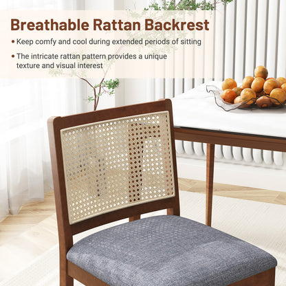 Rattan Dining Chair Set of 2 with Rubber Wood Frame and Linen Fabric Padded Seat-Walnut