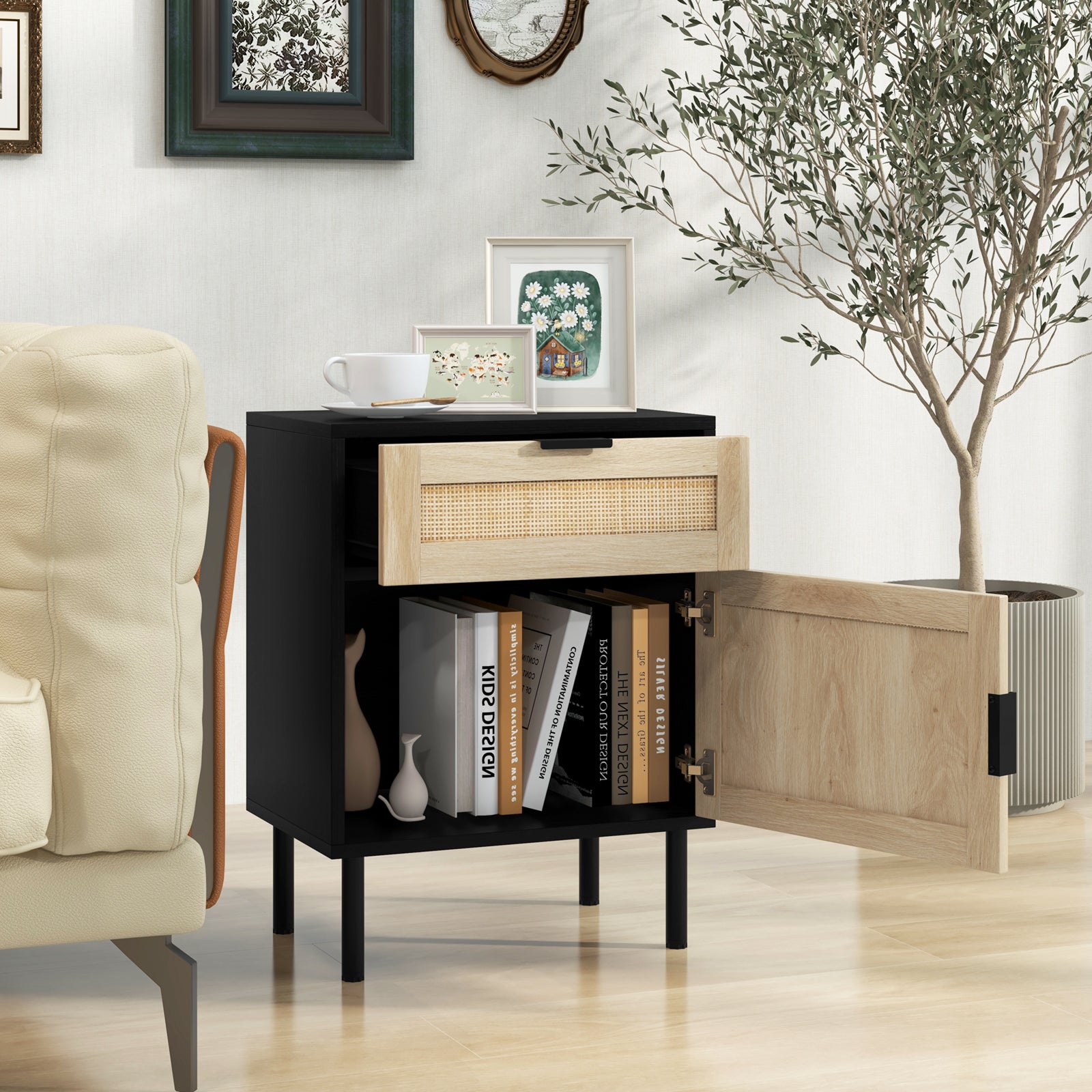 Rattan Nightstand Set of 2 with Drawer and Cabinet-Natural