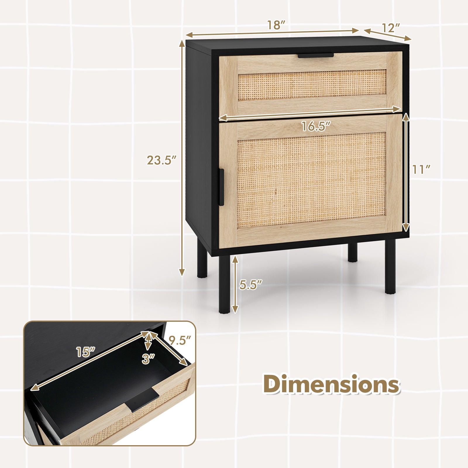 Rattan Nightstand Set of 2 with Drawer and Cabinet-Natural