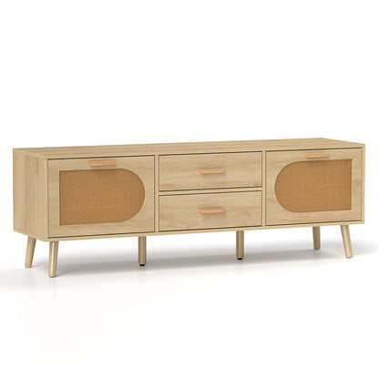 Rattan TV Stand for 65-Inch TV with Drawers and Solid Wood Legs-Natural