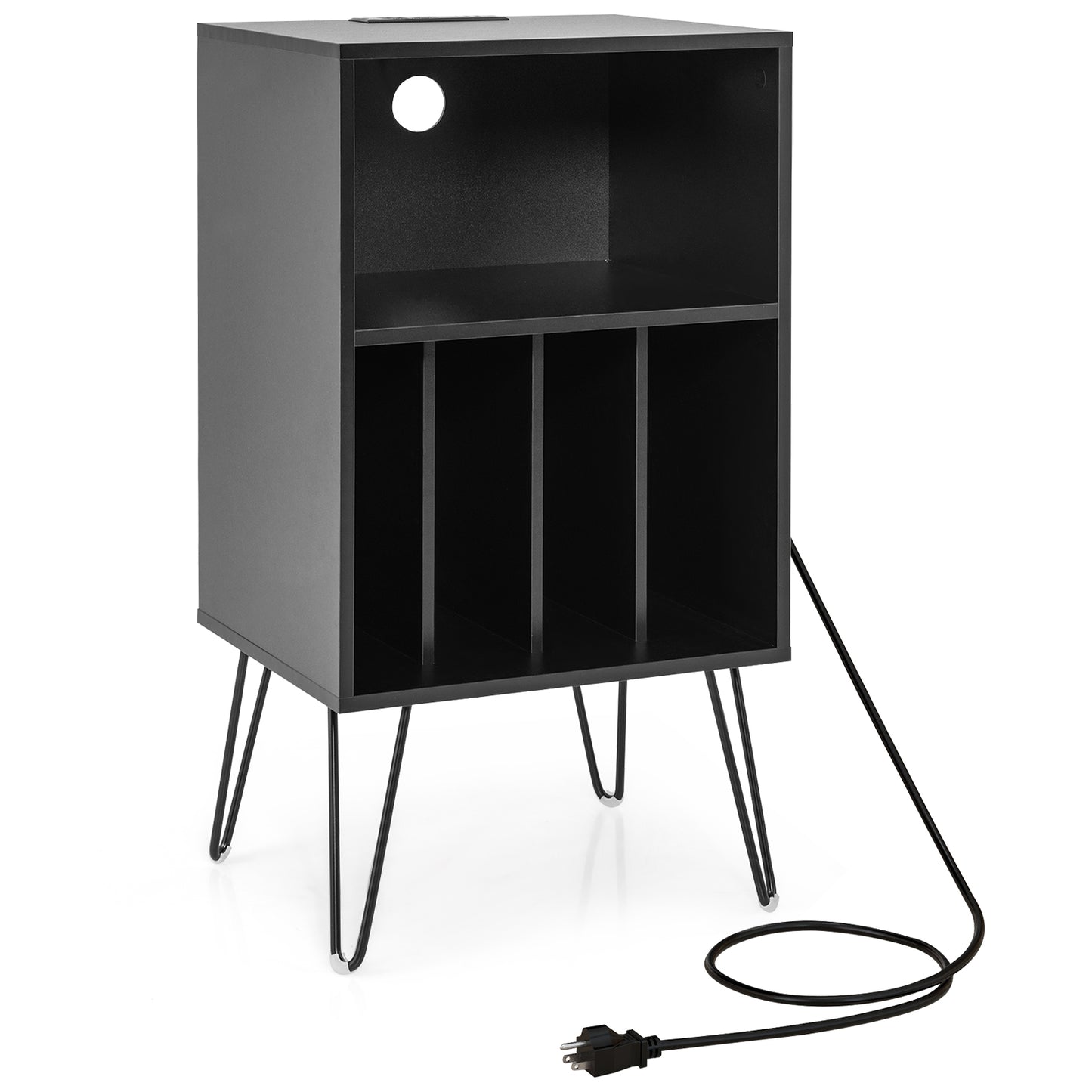 Record Player Stand with Charging Station for Living Room Bedroom-White - Black