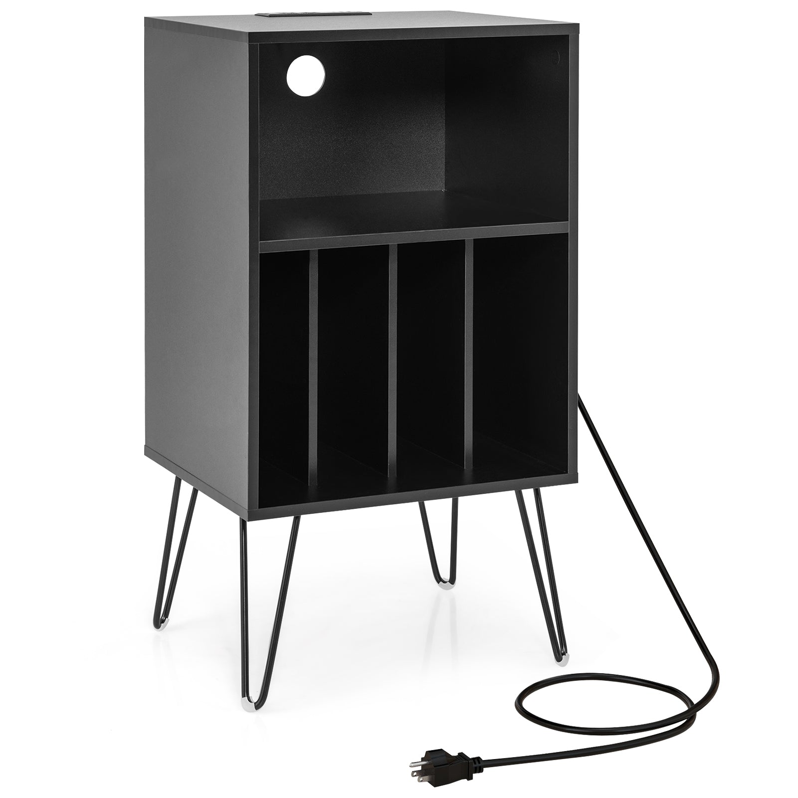 Record Player Stand with Charging Station for Living Room Bedroom-White - Black