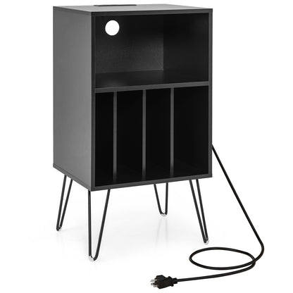 Record Player Stand with Charging Station for Living Room Bedroom-White - Black