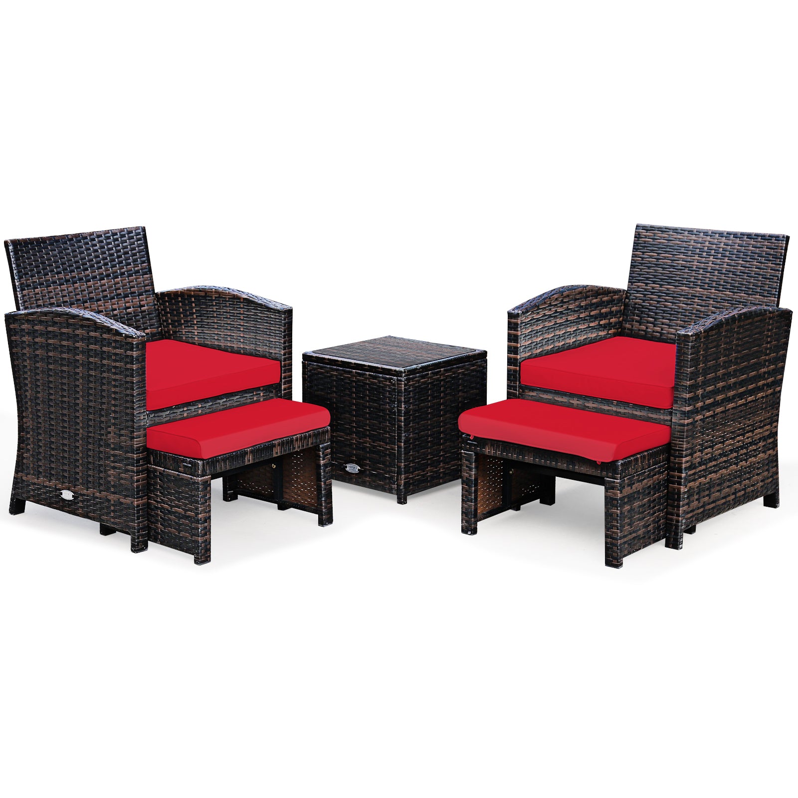 5 Pieces Patio Rattan Furniture Set with Ottoman and Tempered Glass Coffee Table-Turquoise - Red