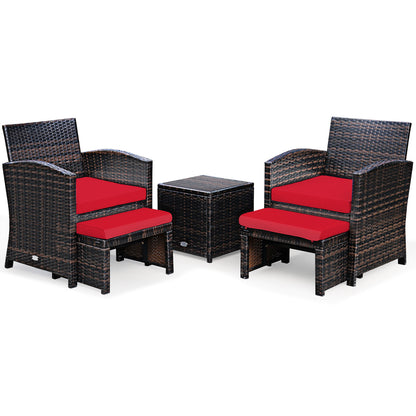 5 Pieces Patio Rattan Furniture Set with Ottoman and Tempered Glass Coffee Table-Turquoise - Red
