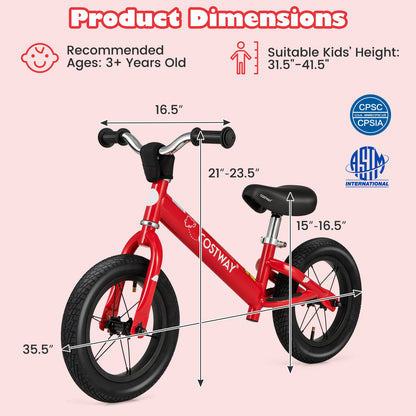 12 Inch Toddler Balance Bike with Height Adjustable Handlebar and Seat