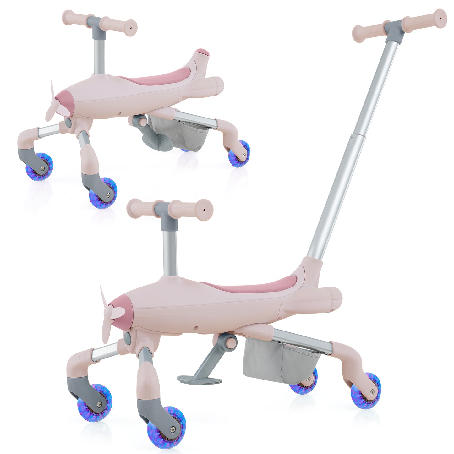 2-in-1 Kids Ride-on Push Car with LED Lighted Wheels-Navy - Pink