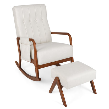 Rocking Chair with Ottoman and Solid Rubber Wood Frame and Padded Cushion-Beige - Beige