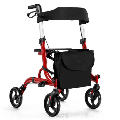 Folding Aluminum Rollator Walker with 8 inch Wheels and Seat-Red - Red