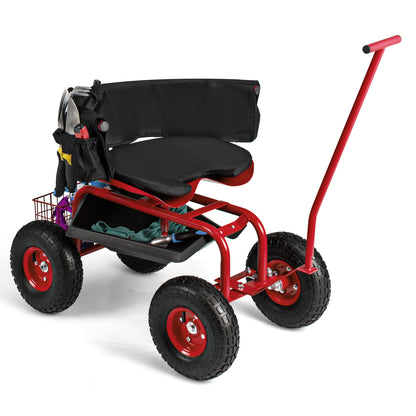 Rolling Garden Cart with Height Adjustable Swivel Seat and Storage Basket-Blue - Red