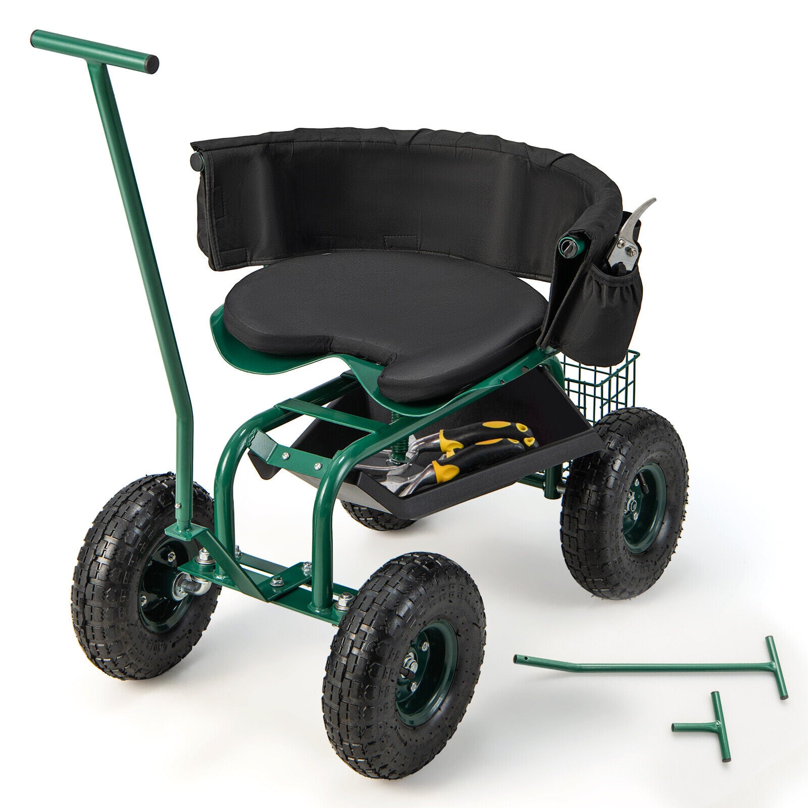 Rolling Garden Cart with Height Adjustable Swivel Seat and Storage Basket-Blue - Green