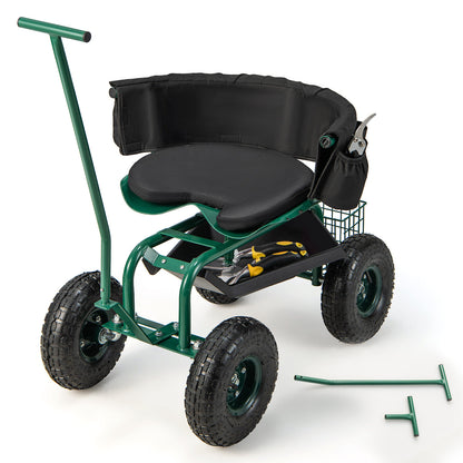 Rolling Garden Cart with Height Adjustable Swivel Seat and Storage Basket-Blue - Green