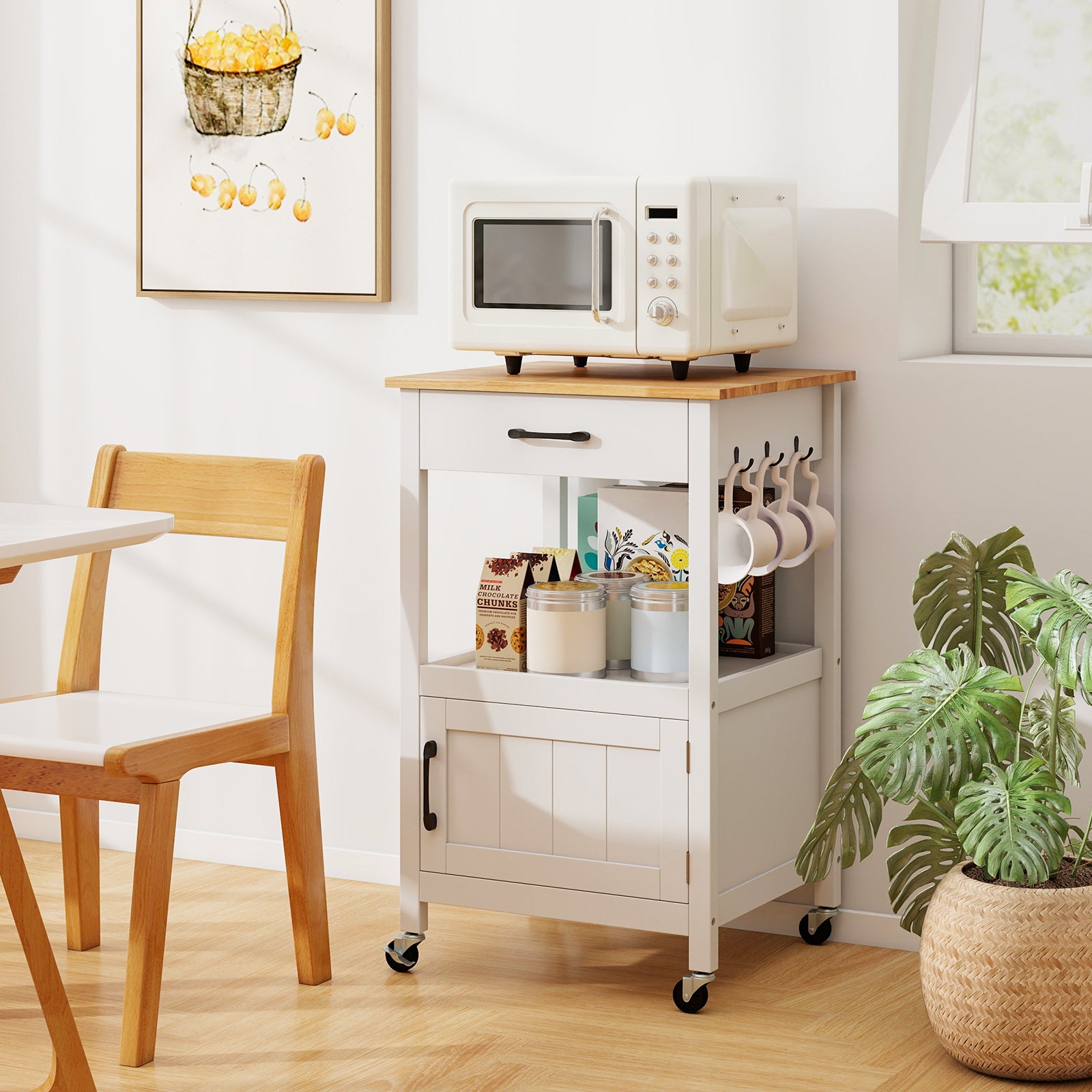Rolling Kitchen Island Cart with Drawer and Side Hooks-White