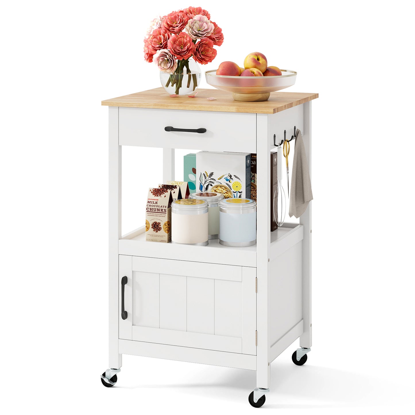 Rolling Kitchen Island Cart with Drawer and Side Hooks-White