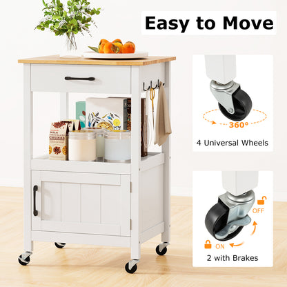 Rolling Kitchen Island Cart with Drawer and Side Hooks-White