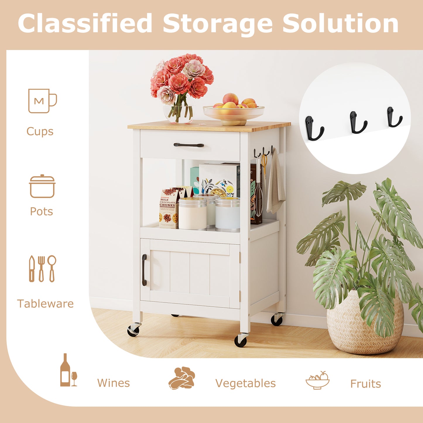 Rolling Kitchen Island Cart with Drawer and Side Hooks-White