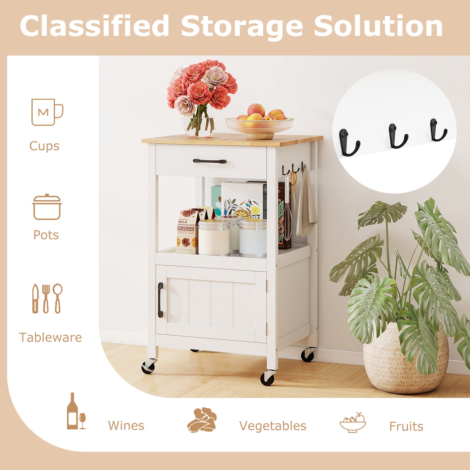 Rolling Kitchen Island Cart with Drawer and Side Hooks-White