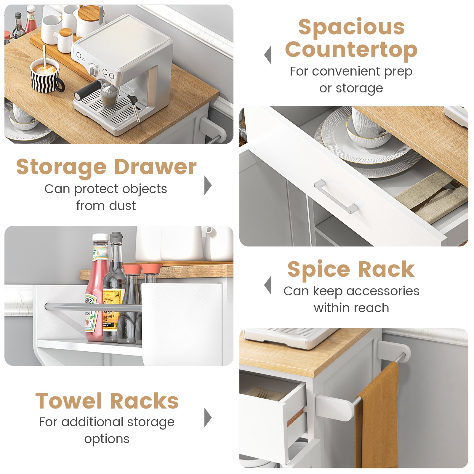 Utility Rolling Storage Cabinet Kitchen Island Cart with Spice Rack-White