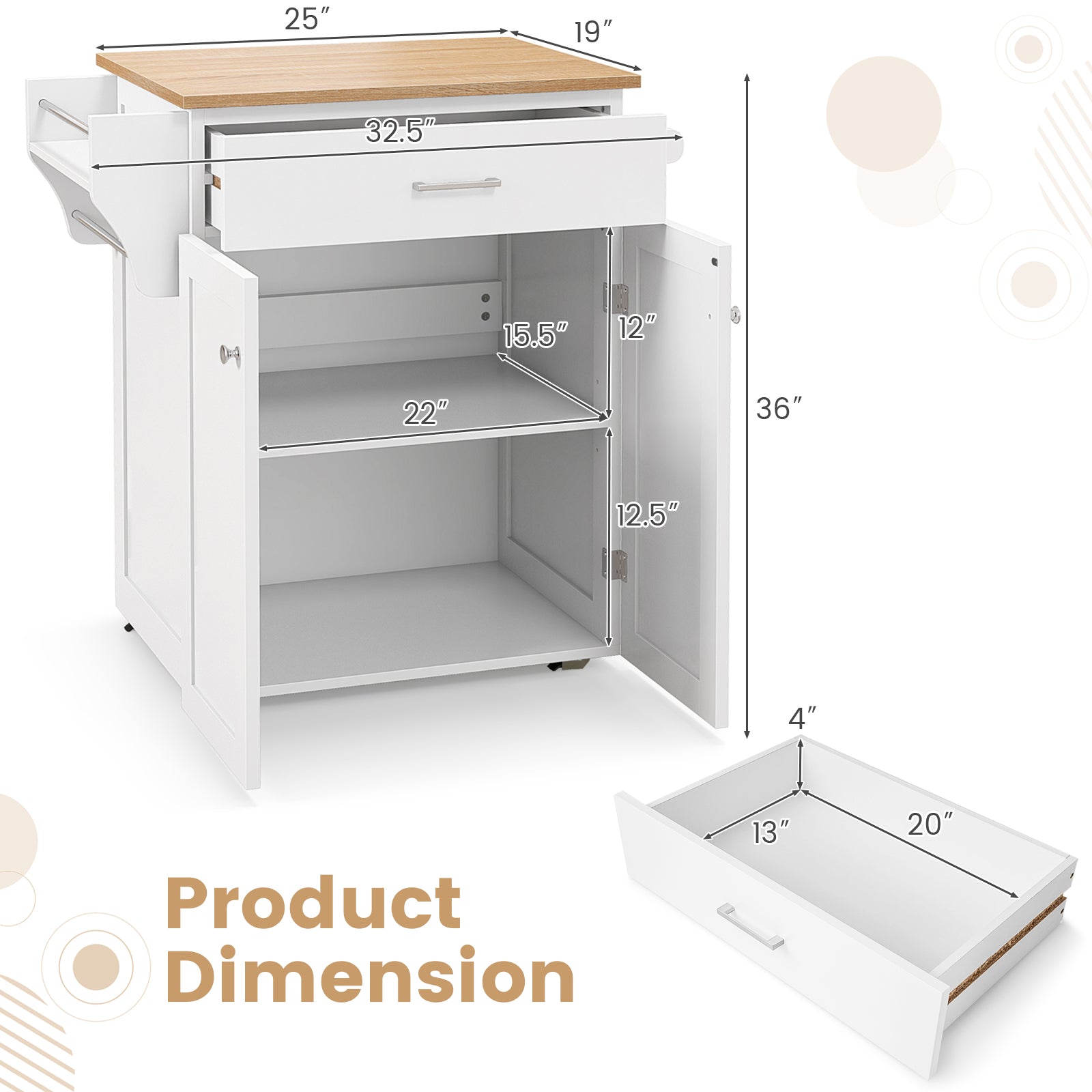Utility Rolling Storage Cabinet Kitchen Island Cart with Spice Rack-White