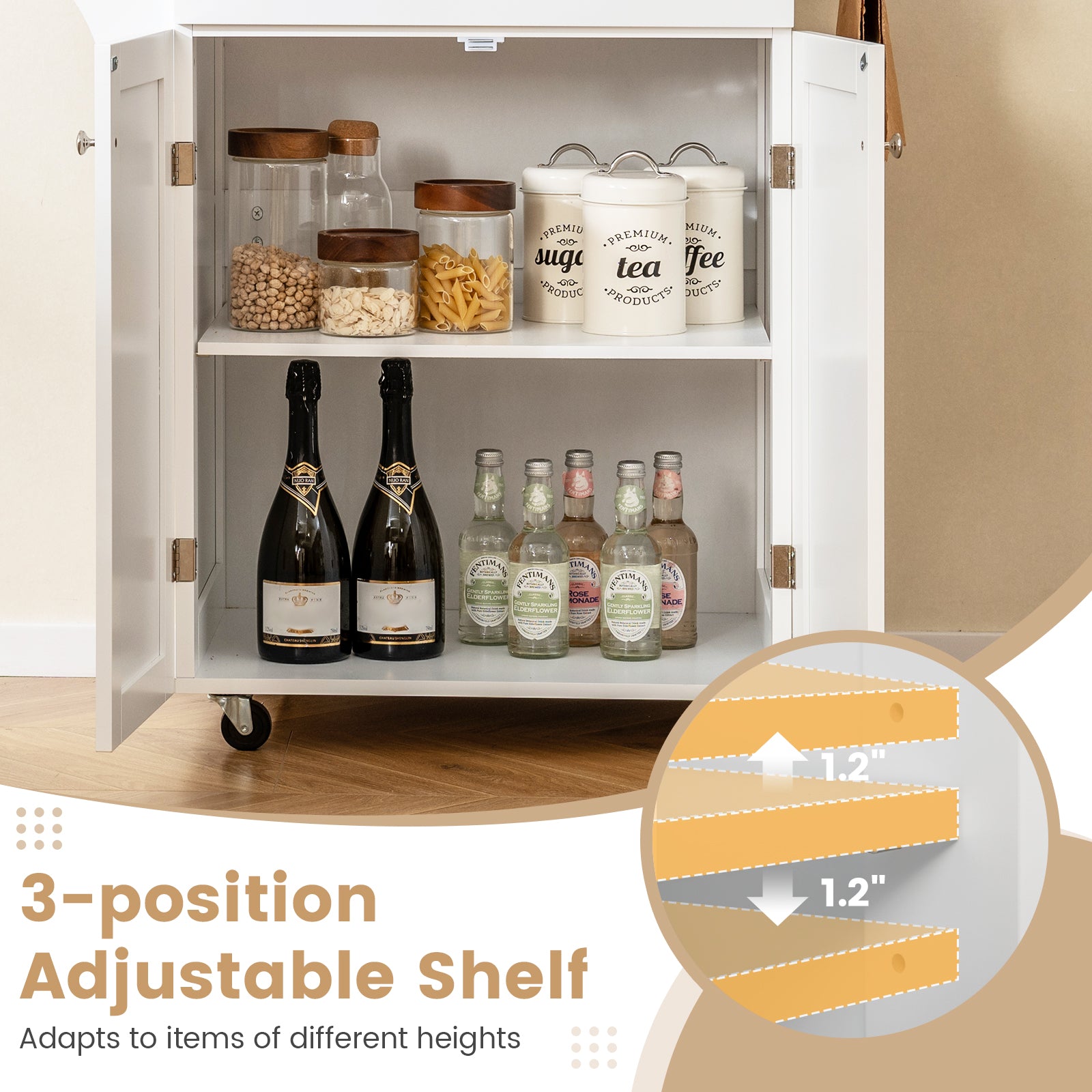 Utility Rolling Storage Cabinet Kitchen Island Cart with Spice Rack-White