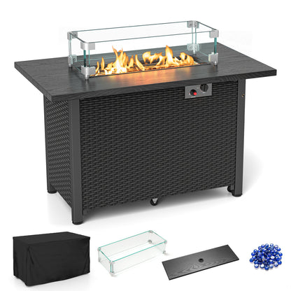 50000 BTU 2 Inch ropane Gas Fire Pit Table with Wind Guard and Glass Rocks-Brown - Black