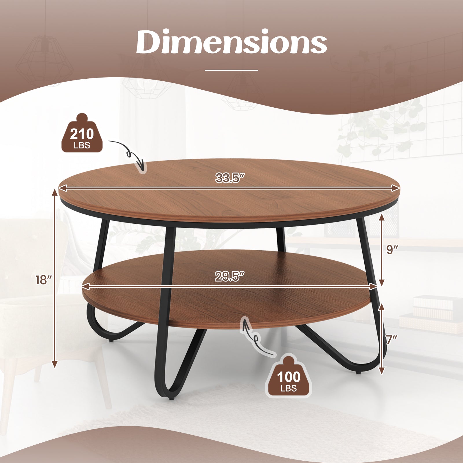 33.5 Inch Round Coffee Table with Wood Grain Finish and Heavy-duty Metal Frame-Walnut