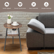 2-Tier Round End Table Set of 2 with Open Shelf and Triangular Metal Frame-Walnut