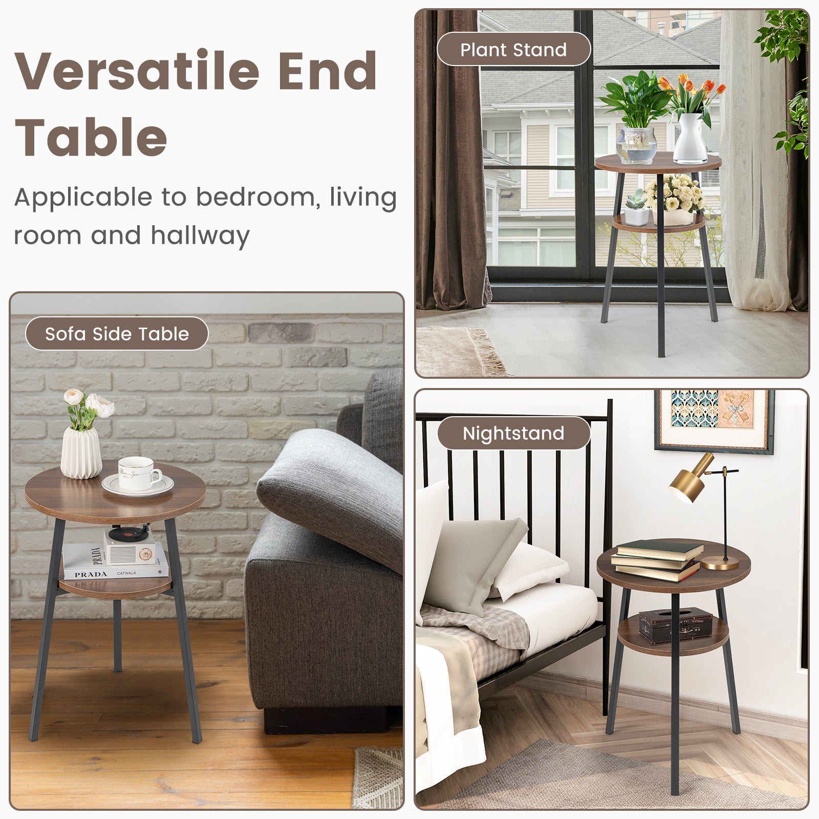 2-Tier Round End Table Set of 2 with Open Shelf and Triangular Metal Frame-Walnut
